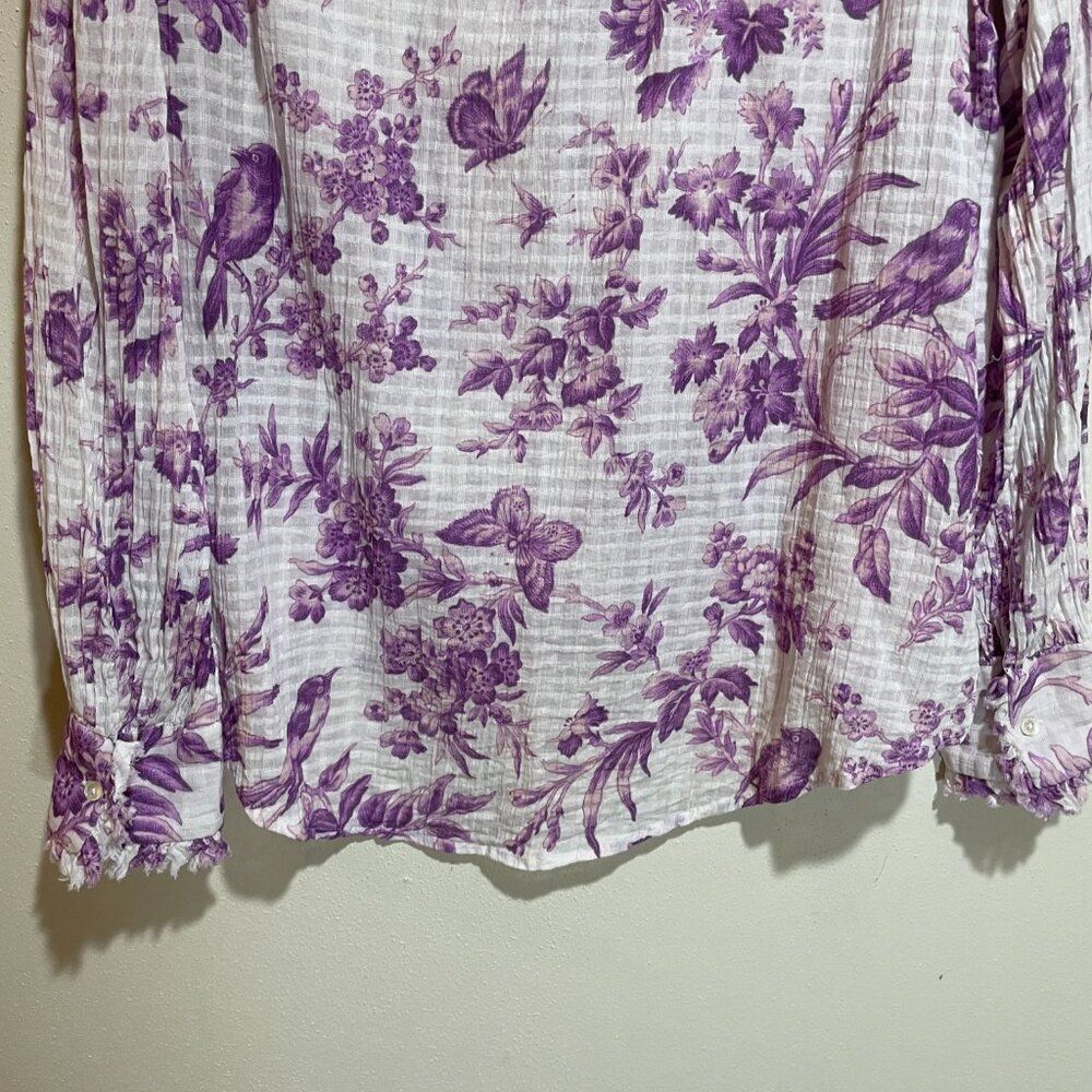Sundance Sz XS Chantilly Blooms Button Down Top Blouse White Purple Floral Bird - Picture 11 of 12